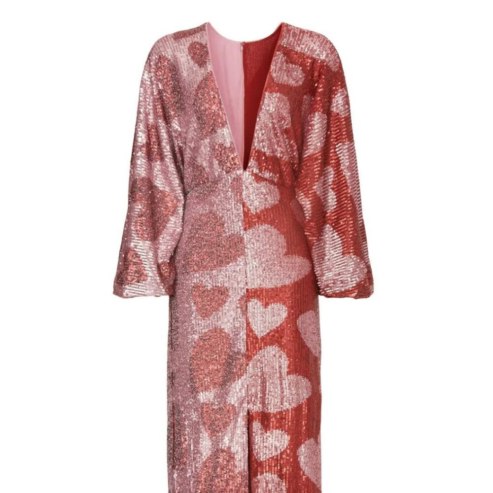 Farm Rio Heart Sequin Puff-Sleeve Midi Dress